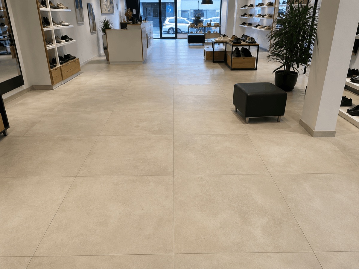 Pose de carrelage technique à fort passage dans un local commercial à Beaucouzé
