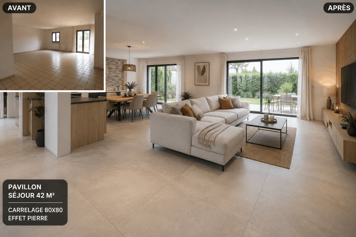 Pose carrelage grand format dans un pavillon à Avrillé