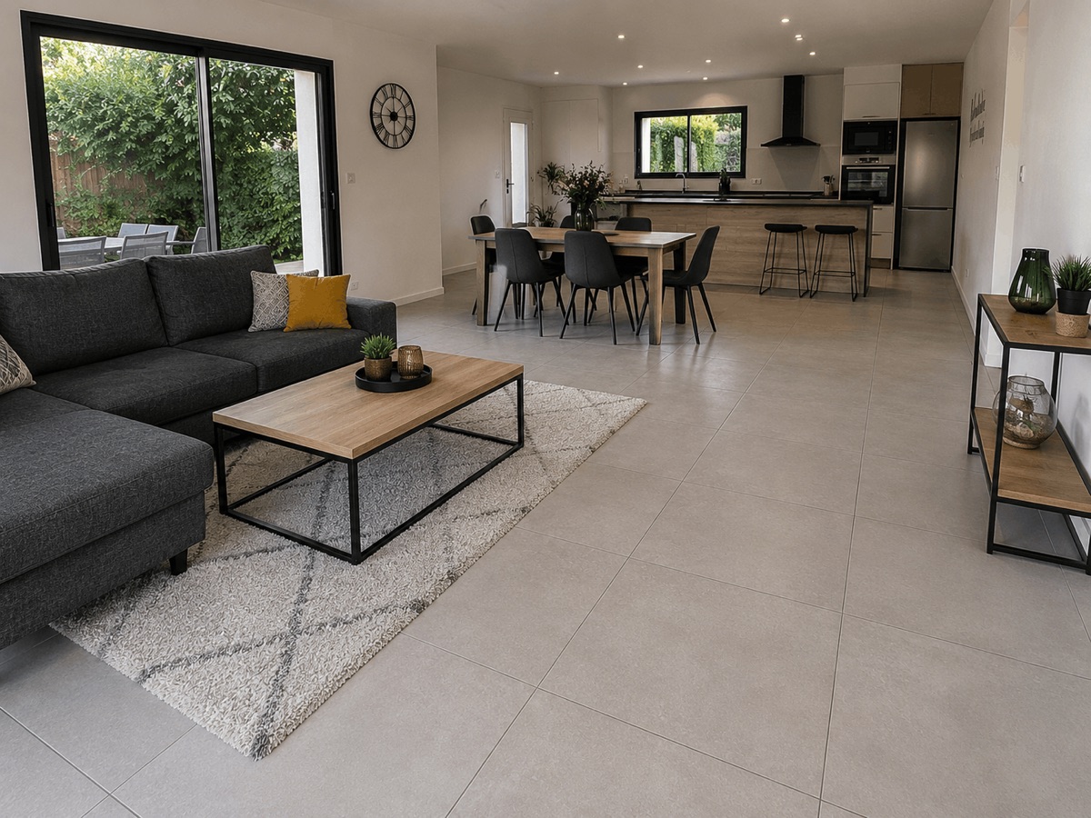 Pose de carrelage sur plancher chauffant dans un pavillon à Écouflant