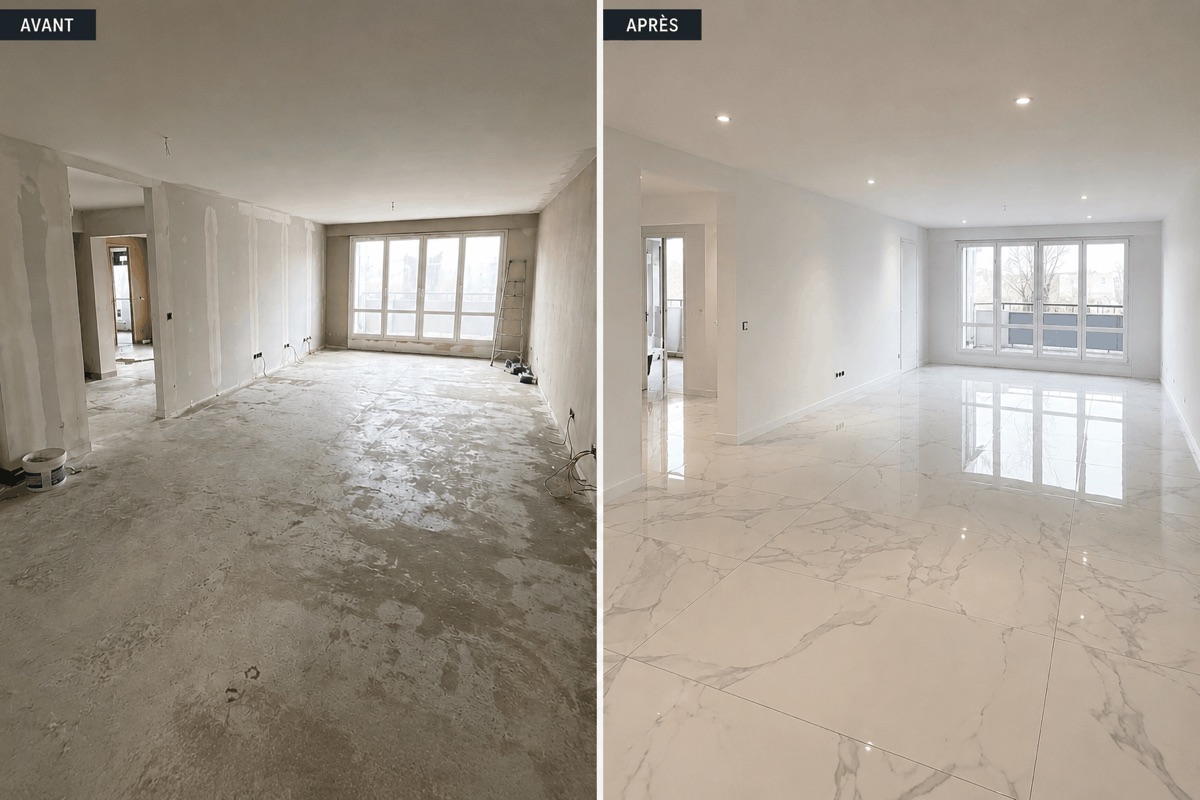 Carrelage grand format dans un salon angevin rénové