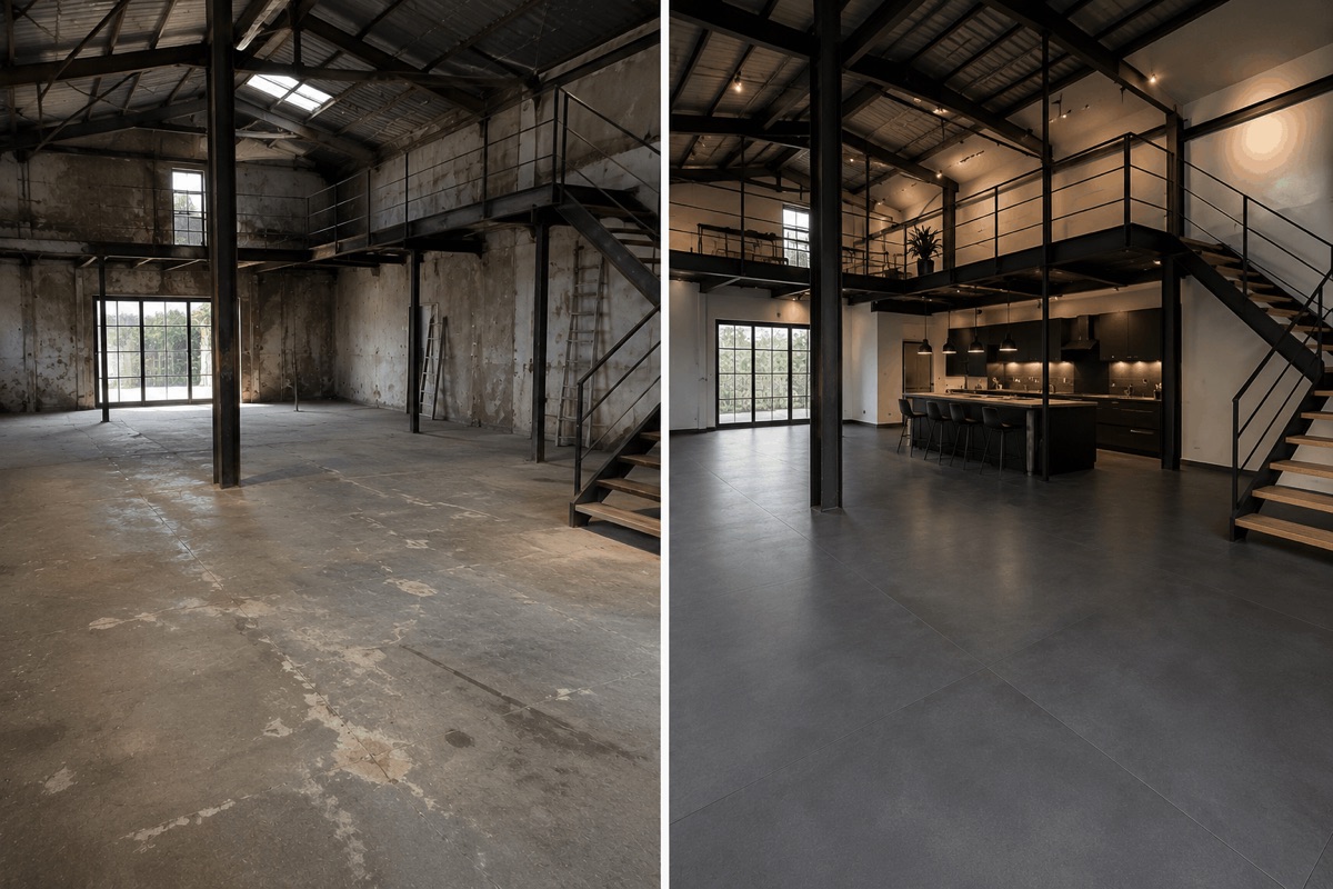 Loft industriel à Trélazé avec carrelage XXL effet béton ciré