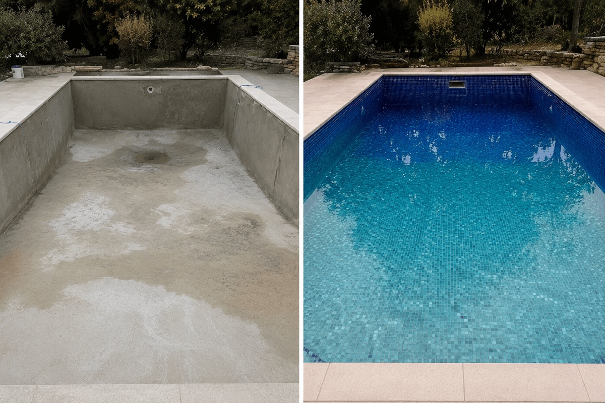 Bassin de piscine extérieure en mosaïque pâte de verre à Bouchemaine