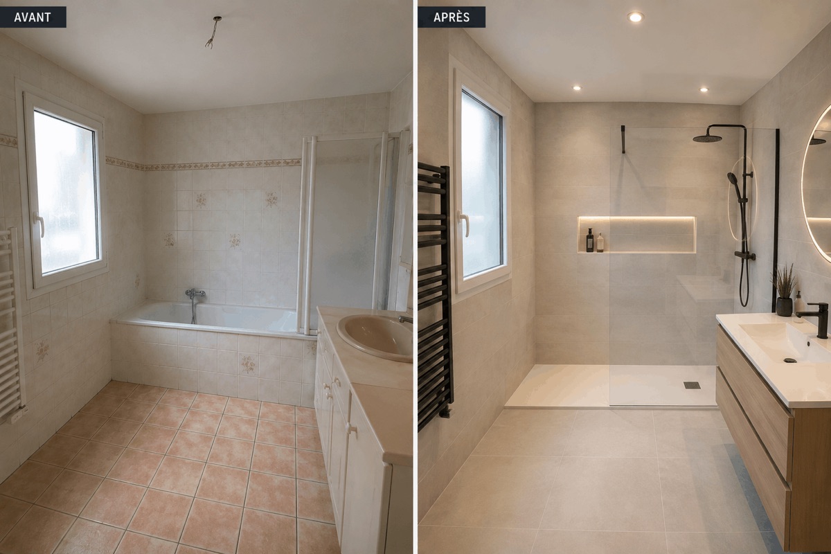 Salle de bain rénovée avec douche italienne et faïence à Avrillé