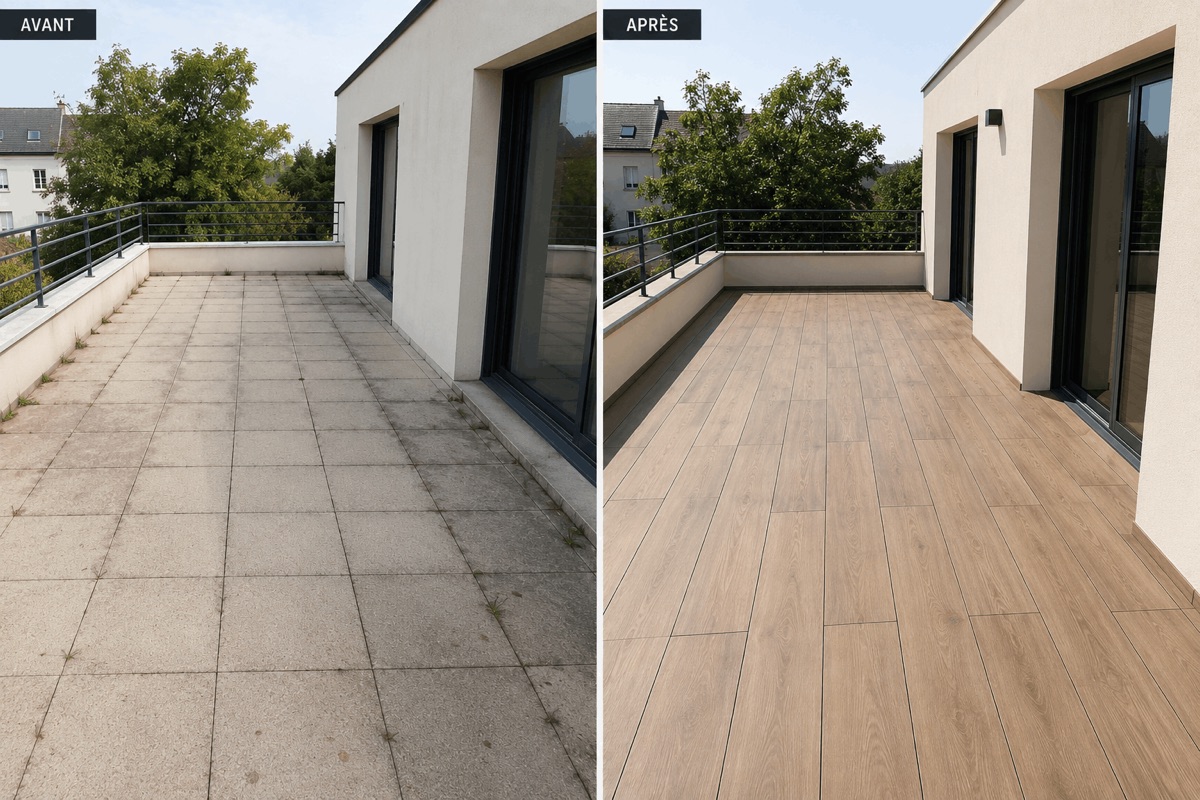 Terrasse extérieure en grès cérame imitation bois posée sur plots aux Ponts-de-Cé